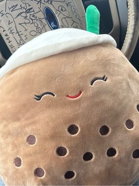 Squishmallows Brown Tan Bubble Tea Plush with White and Green Accent